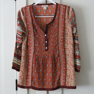 LUCKY BRAND Multi Print Pintuck Embroidery BOHO Paisley Top - S